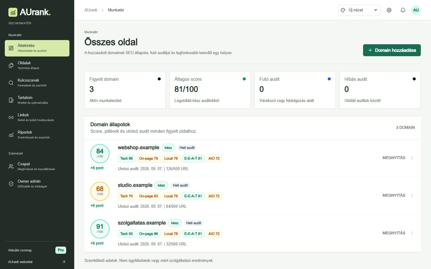 AUrank áttekintés: domainállapotok, SEO-pontszámok és auditok, szemléltető adatokkal